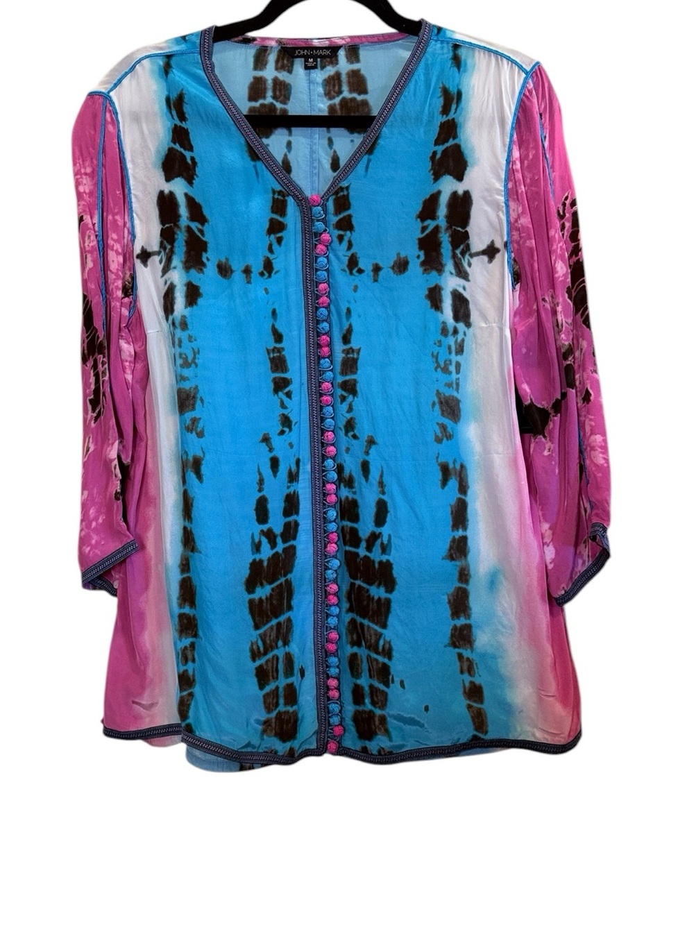 John Mark Woman’s Blue & Pink Viscose Tie-Dye Dramatic Button-Front Tunic Sz M